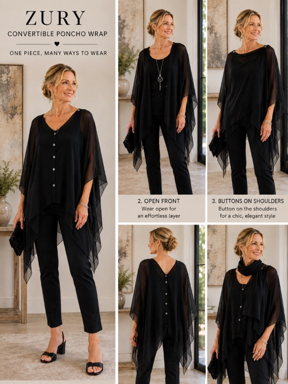 NWT Zury Black Sheer Convertible Poncho Wrap One Size Art to Wear